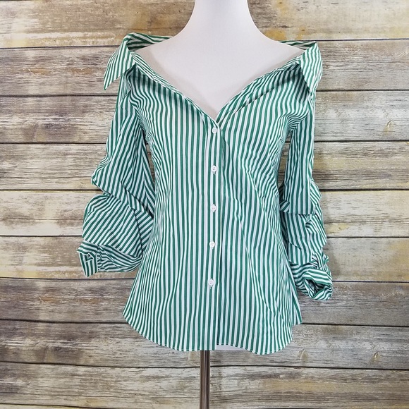 NWT Zara Green White Striped Open Neck Button Down - Picture 8 of 8